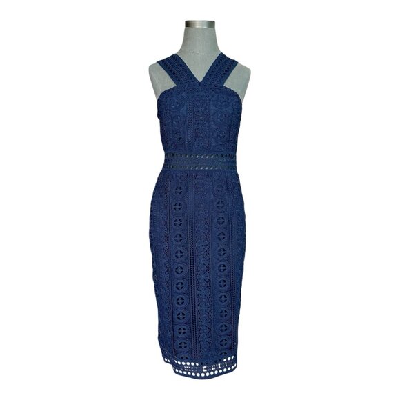 LULUS Dark Blue Lace Halter Sheath Midi Dress Sleeveless Size M NWT - Picture 5 of 10